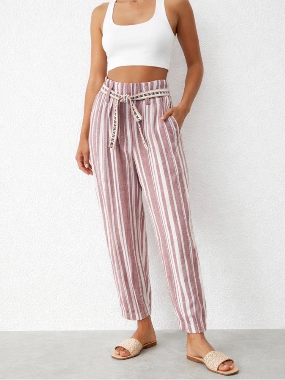 H&M x Lemlem Organic Linen Blend Pants NWT M Striped Boho Resort Tie Waist